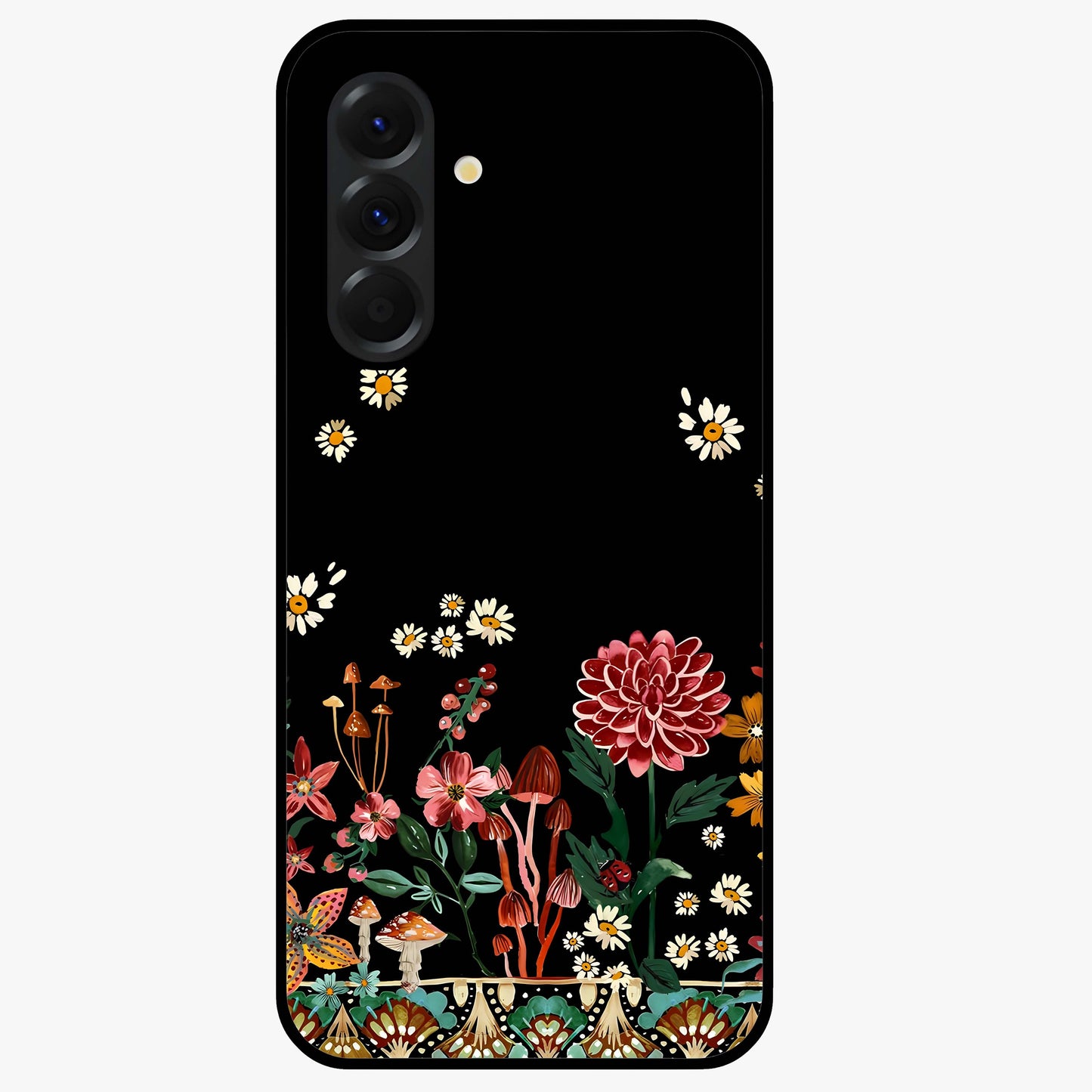 Midnight Bloom Pattern Glass Case showing flat back view with dark floral pattern artwork and glossy glass finish.