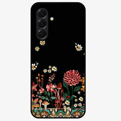 Midnight Bloom Pattern Glass Case showing flat back view with dark floral pattern artwork and glossy glass finish.