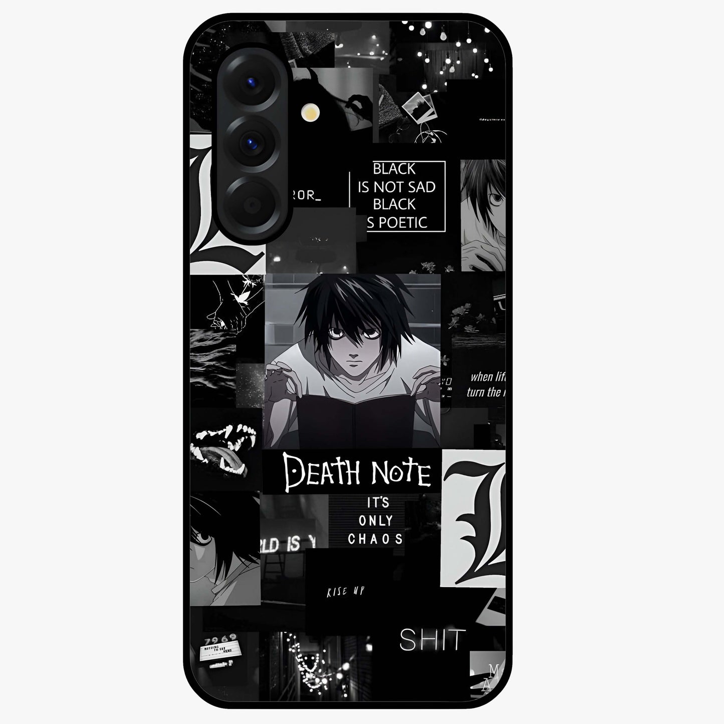 Midnight Chaos Mind Glass Case showing flat back view with abstract dark themed artwork and glossy glass finish.