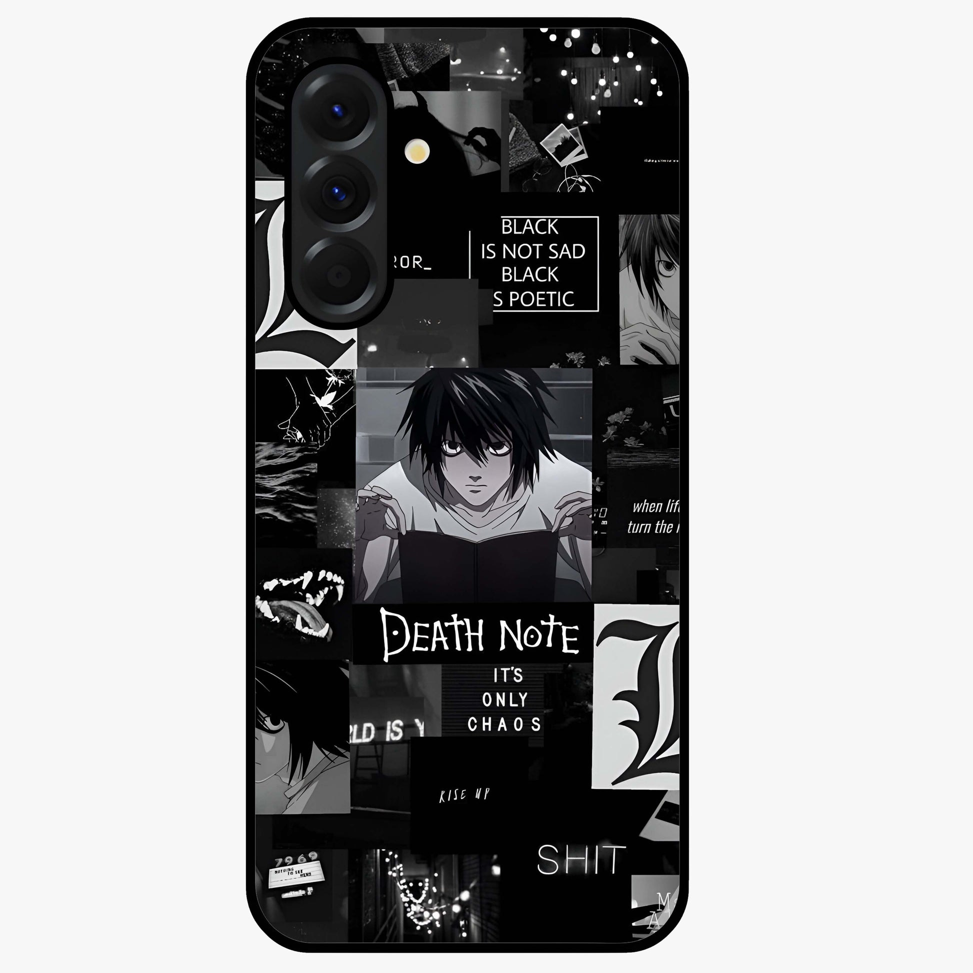Midnight Chaos Mind Glass Case showing flat back view with abstract dark themed artwork and glossy glass finish.