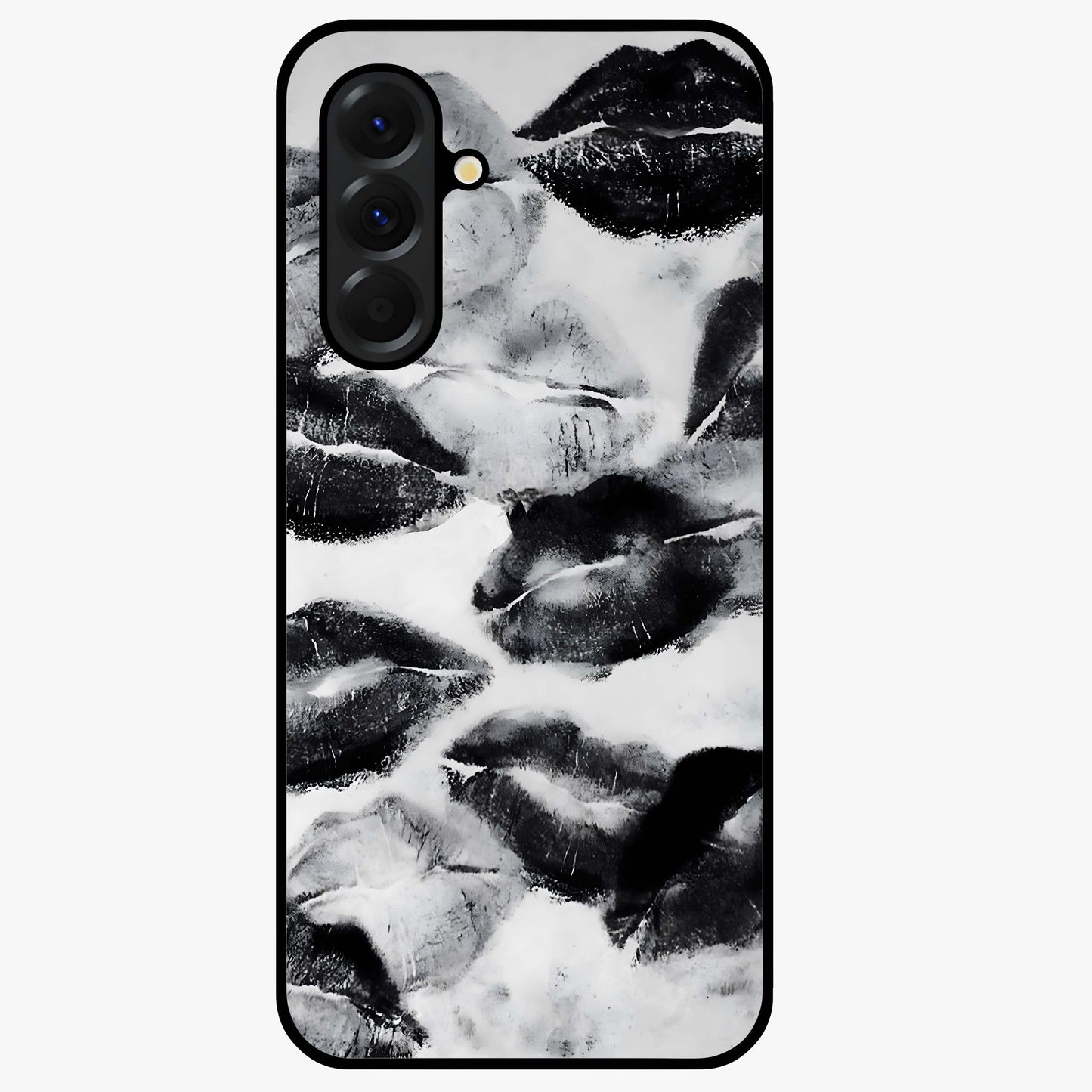 Midnight Kiss Marks Glass Case showing flat back view with lipstick kiss mark artwork and glossy glass finish.