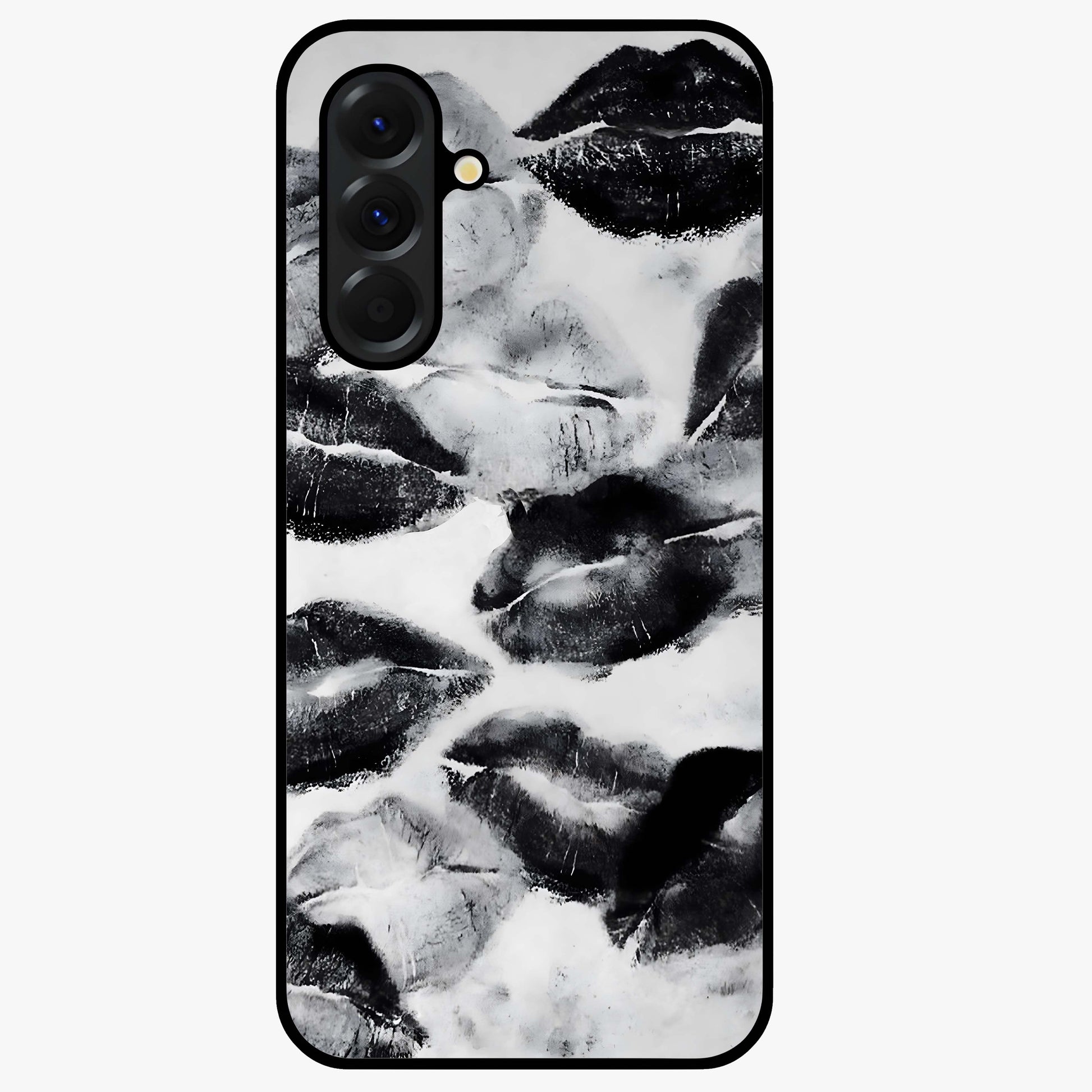 Midnight Kiss Marks Glass Case showing flat back view with lipstick kiss mark artwork and glossy glass finish.