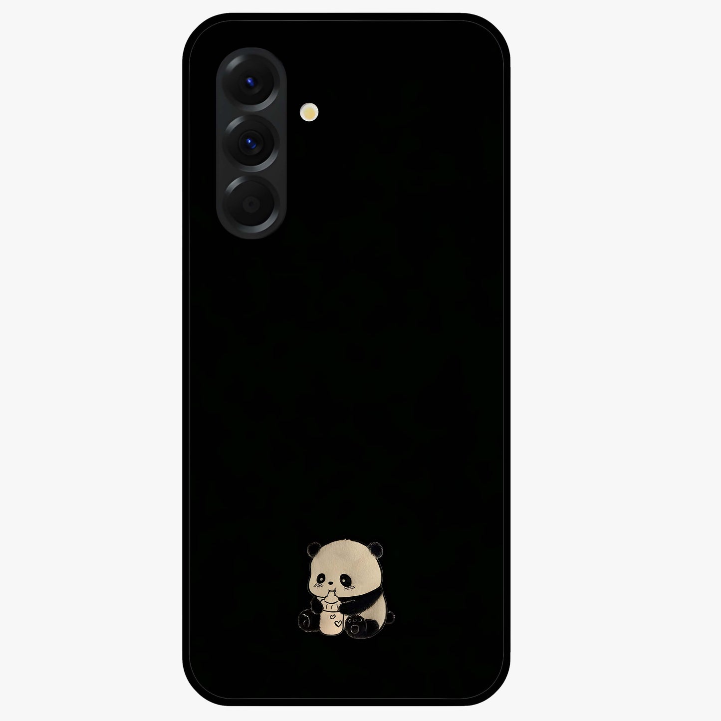 Midnight Panda Love Glass Case showing flat back view with cute panda themed artwork and glossy glass finish.