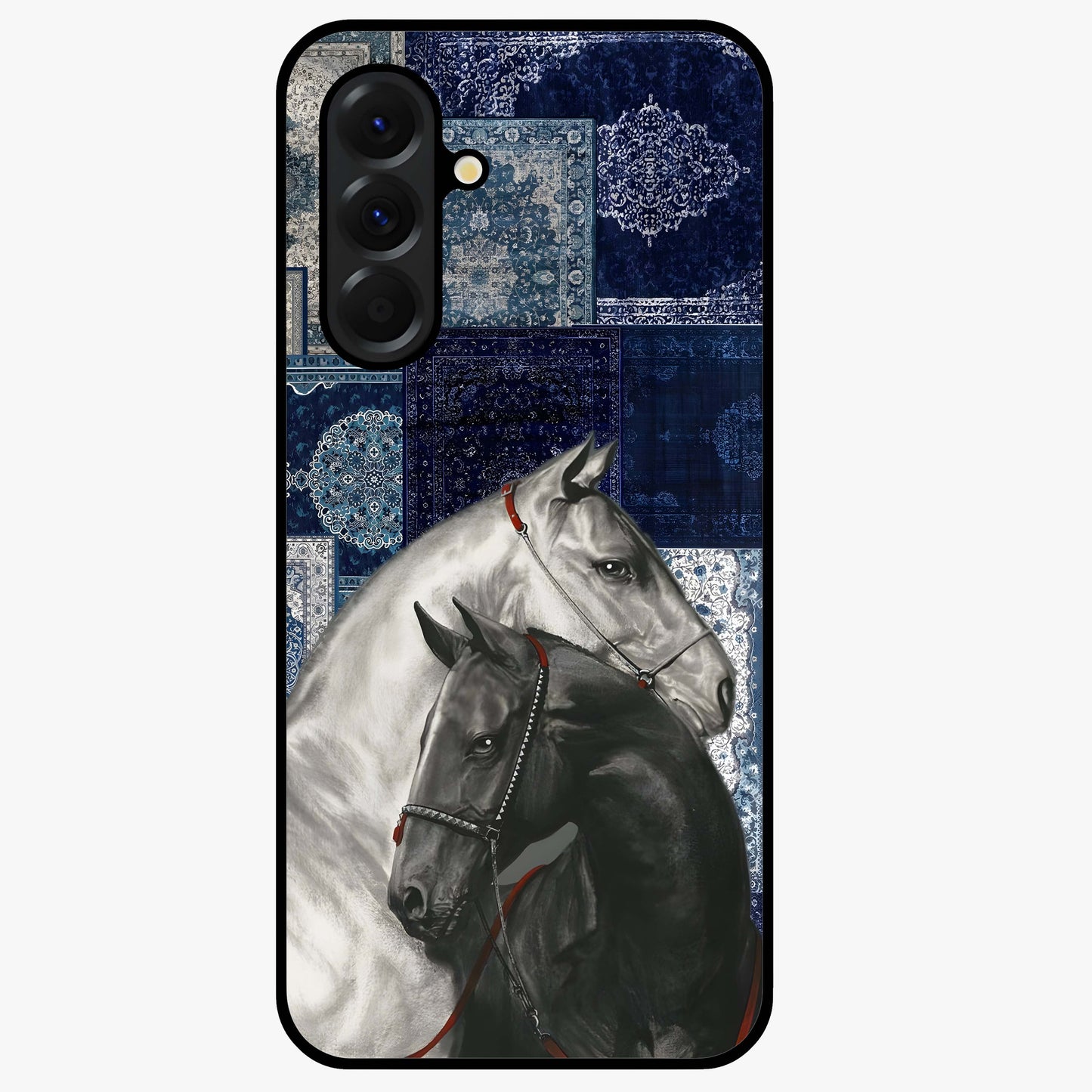 Midnight Stallion Blues Glass Case showing flat back view with majestic horse artwork and glossy glass finish.