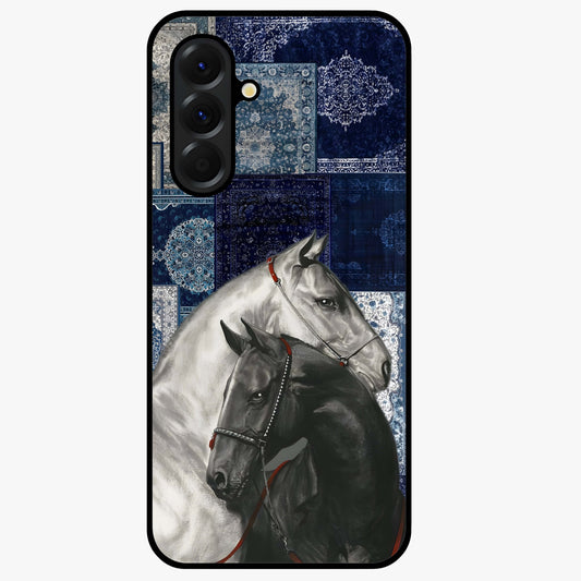 Midnight Stallion Blues Glass Case showing flat back view with majestic horse artwork and glossy glass finish.