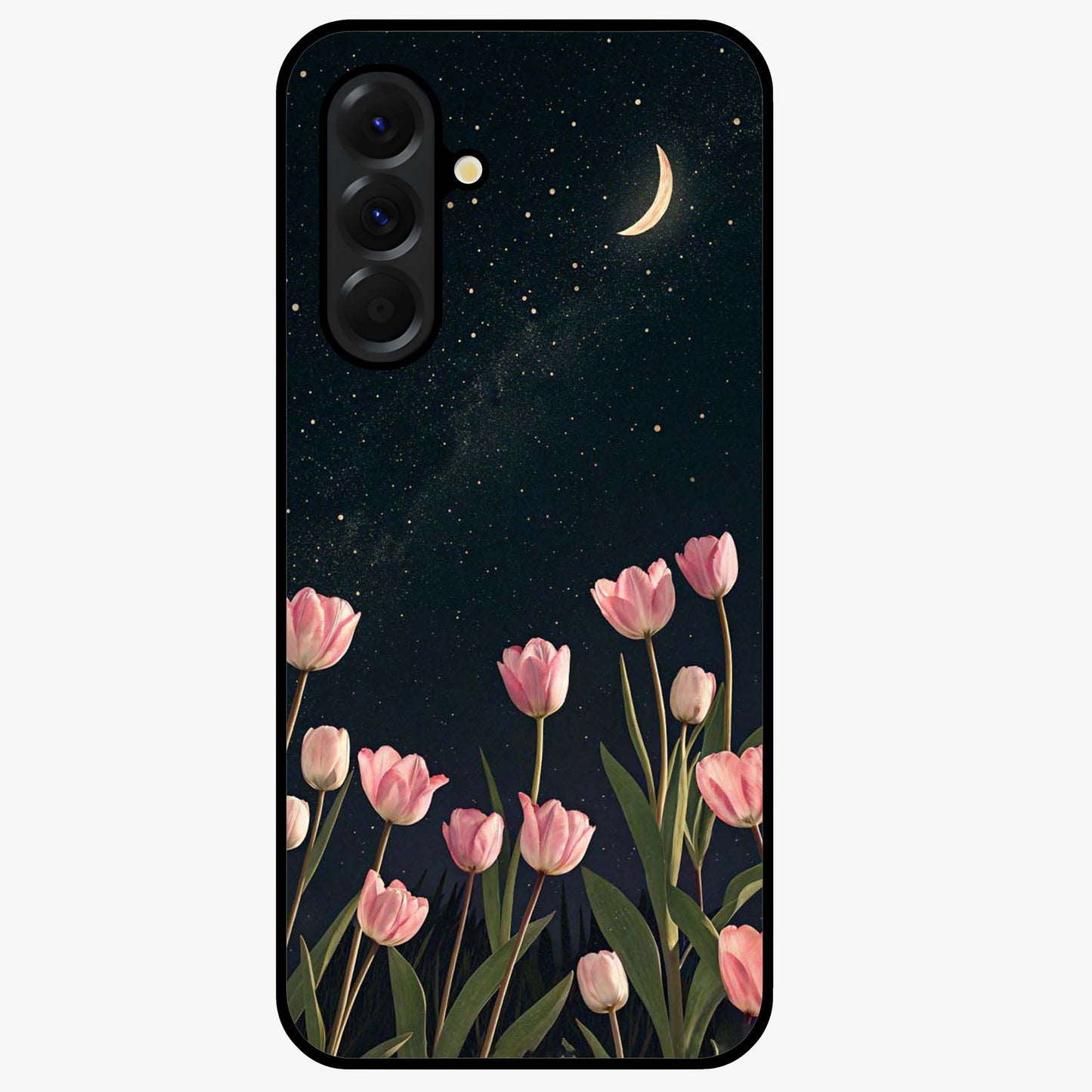 Midnight Tulip Whispers Vibe Glass Case showing flat back view with elegant tulip flower artwork and glossy glass finish.