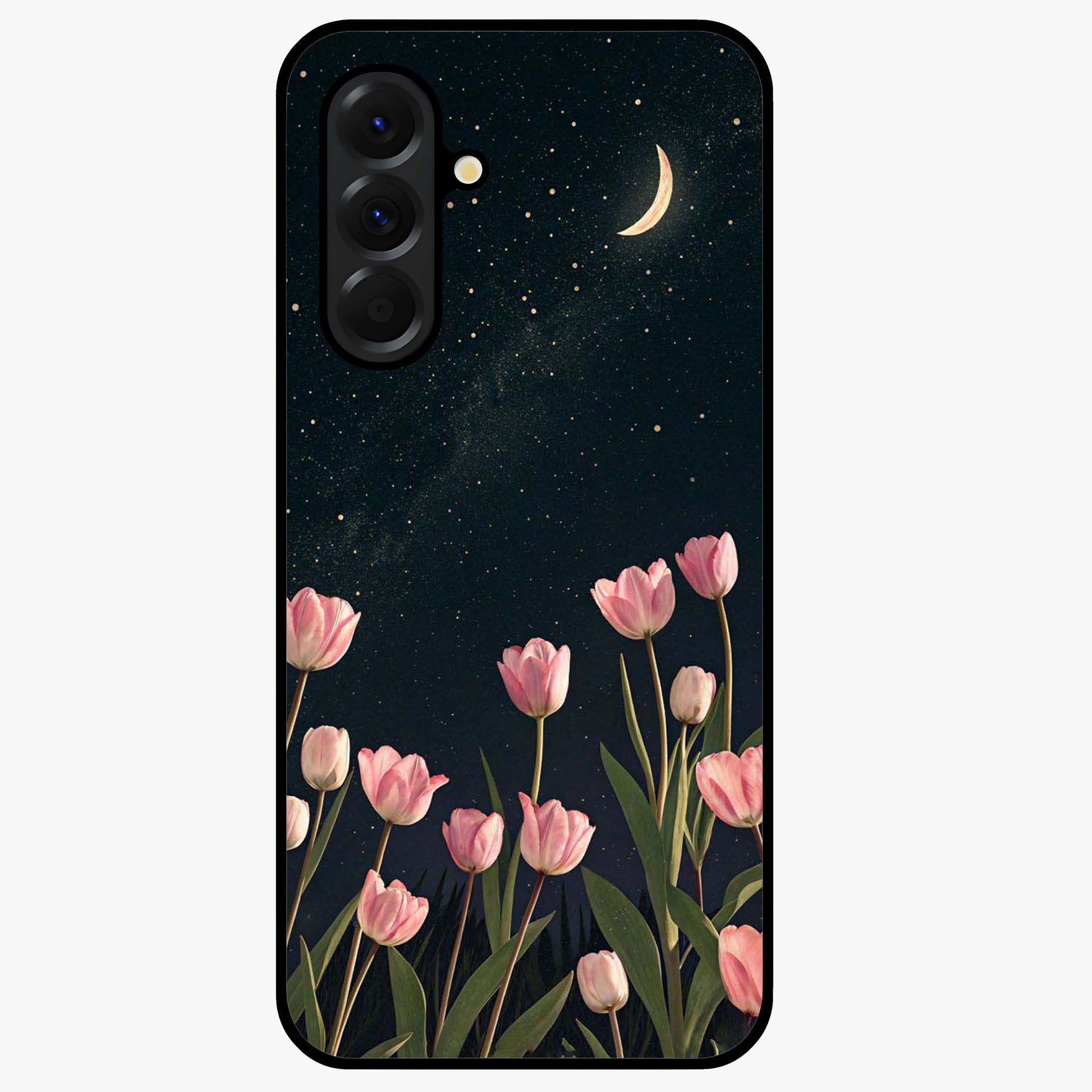 Midnight Tulip Whispers Vibe Glass Case showing flat back view with elegant tulip flower artwork and glossy glass finish.
