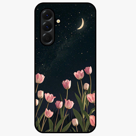 Midnight Tulip Whispers Vibe Glass Case showing flat back view with elegant tulip flower artwork and glossy glass finish.
