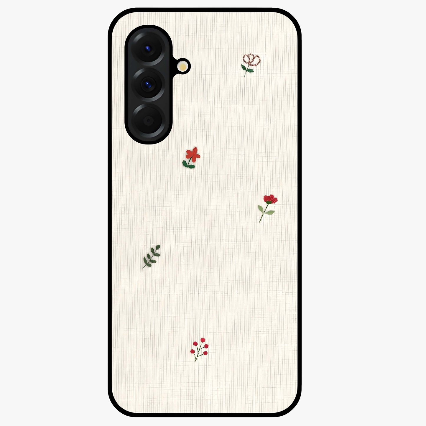 Minimal Petal Whispers Glass Case showing flat back view with soft minimal floral artwork and glossy glass finish.