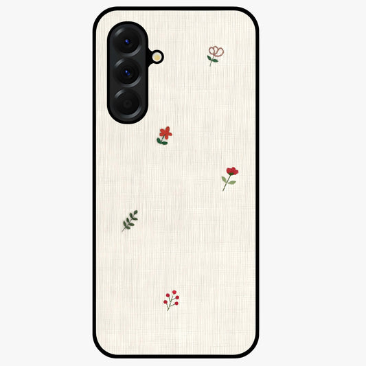 Minimal Petal Whispers Glass Case showing flat back view with soft minimal floral artwork and glossy glass finish.