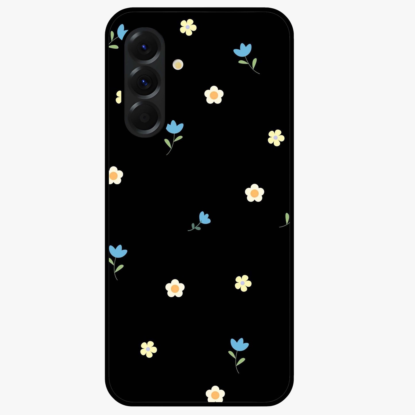 Minimalistic Blue With White Flower Pattern Glass Case showing flat back view with blue background and white flower pattern and glossy glass finish.