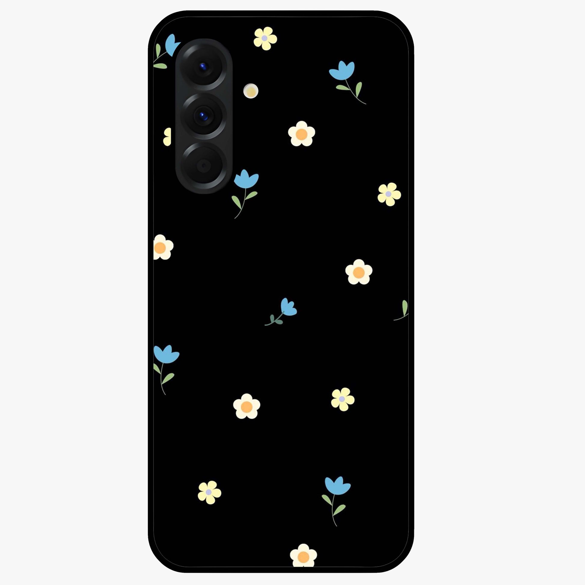 Minimalistic Blue With White Flower Pattern Glass Case showing flat back view with blue background and white flower pattern and glossy glass finish.