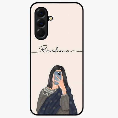 Mirror Mood Muse With Custom Name Glass Case showing flat back view with stylish mirrored artwork and personalized name design.