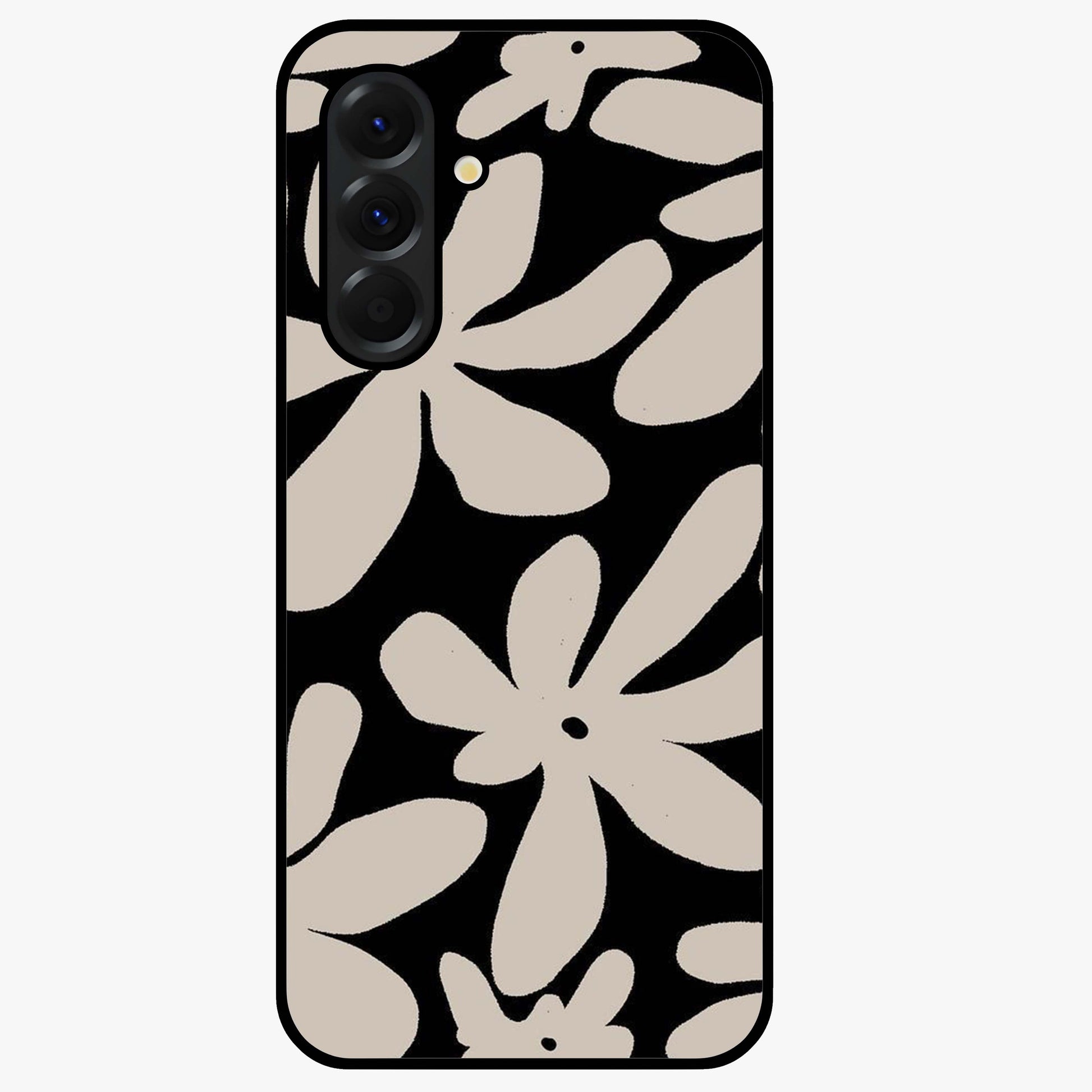 Monochrome Petal Dance Glass Case showing flat back view with monochrome floral artwork and glossy glass finish.