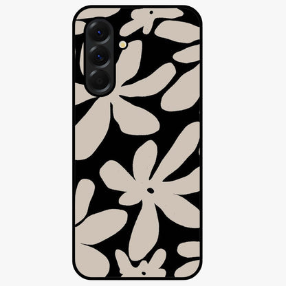 Monochrome Petal Dance Glass Case showing flat back view with monochrome floral artwork and glossy glass finish.