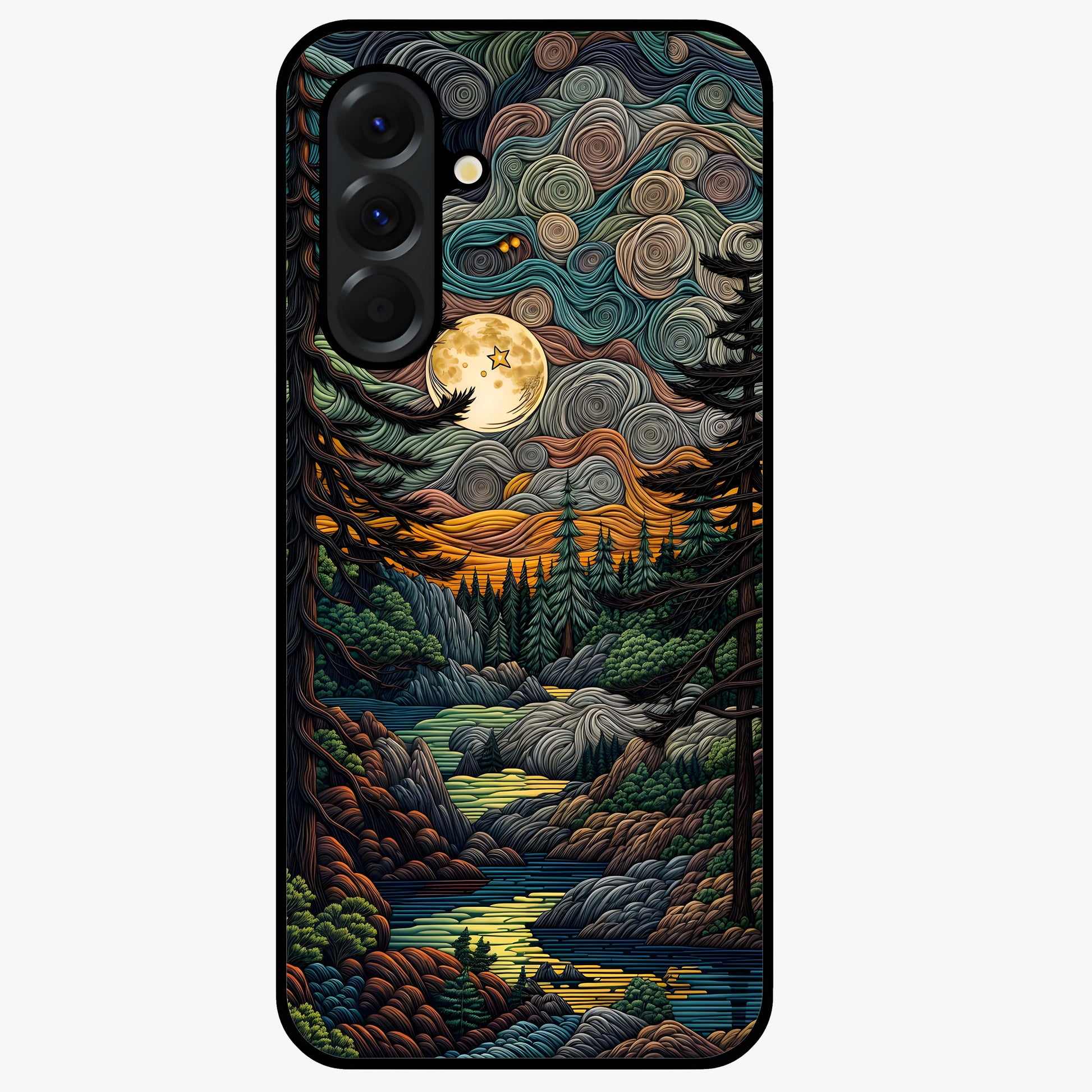 Moonlight Forest Dream Glass Case showing flat back view with mystical forest moonlight artwork and glossy glass finish.