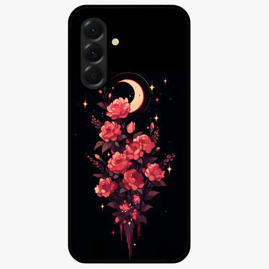 Moonlit Floral Elegance Glass Case showing flat back view with elegant floral artwork under moonlit tones and glossy glass finish.
