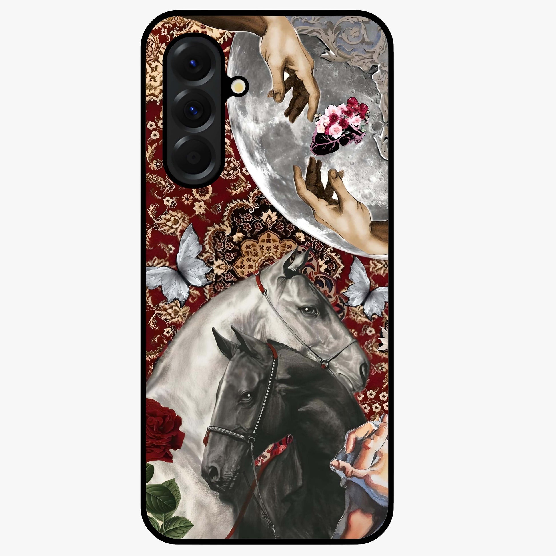 Moonlit Royal Stallion Glass Case showing flat back view with majestic horse under moonlight artwork and glossy glass finish.