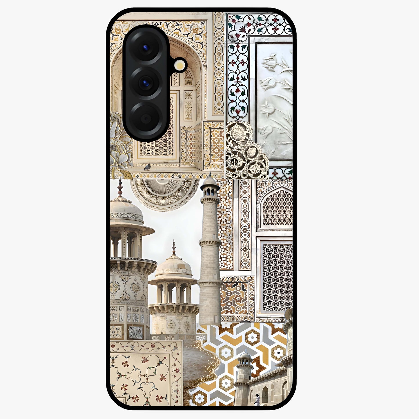 Mughal Marble Legacy Glass Case showing flat back view with intricate Mughal inspired marble pattern and glossy glass finish.