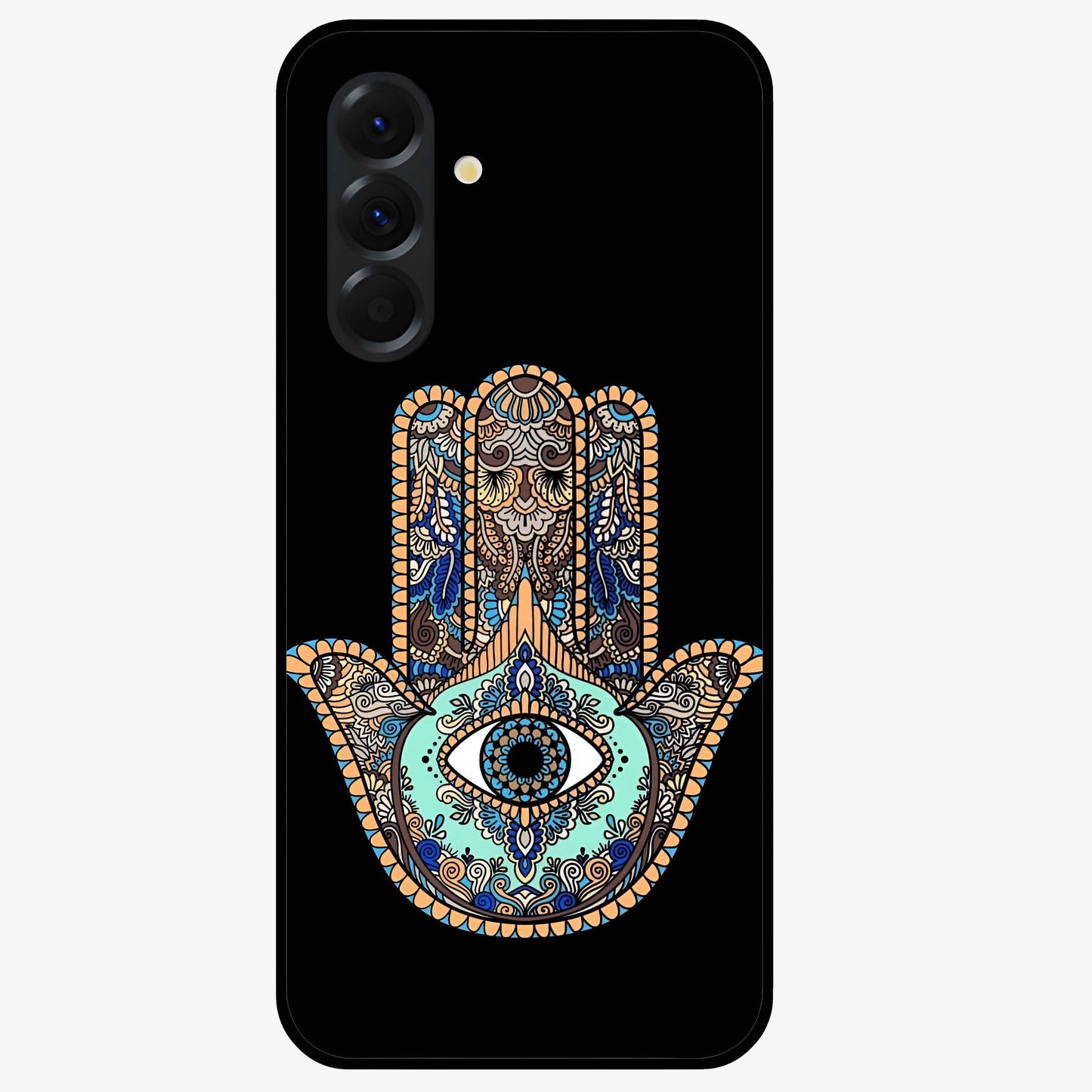 Mystic Hamsa Eye Glass Case showing flat back view with protective hamsa hand and evil eye artwork and glossy glass finish.