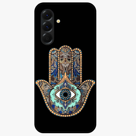 Mystic Hamsa Eye Glass Case showing flat back view with protective hamsa hand and evil eye artwork and glossy glass finish.