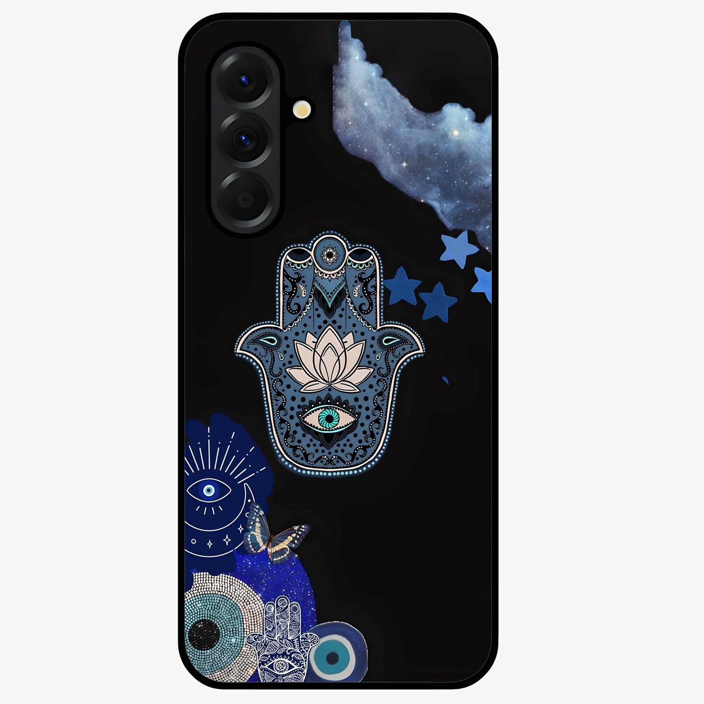 Mystic Hand Aura Glass Case showing flat back view with mystical hand symbol artwork and glossy glass finish.