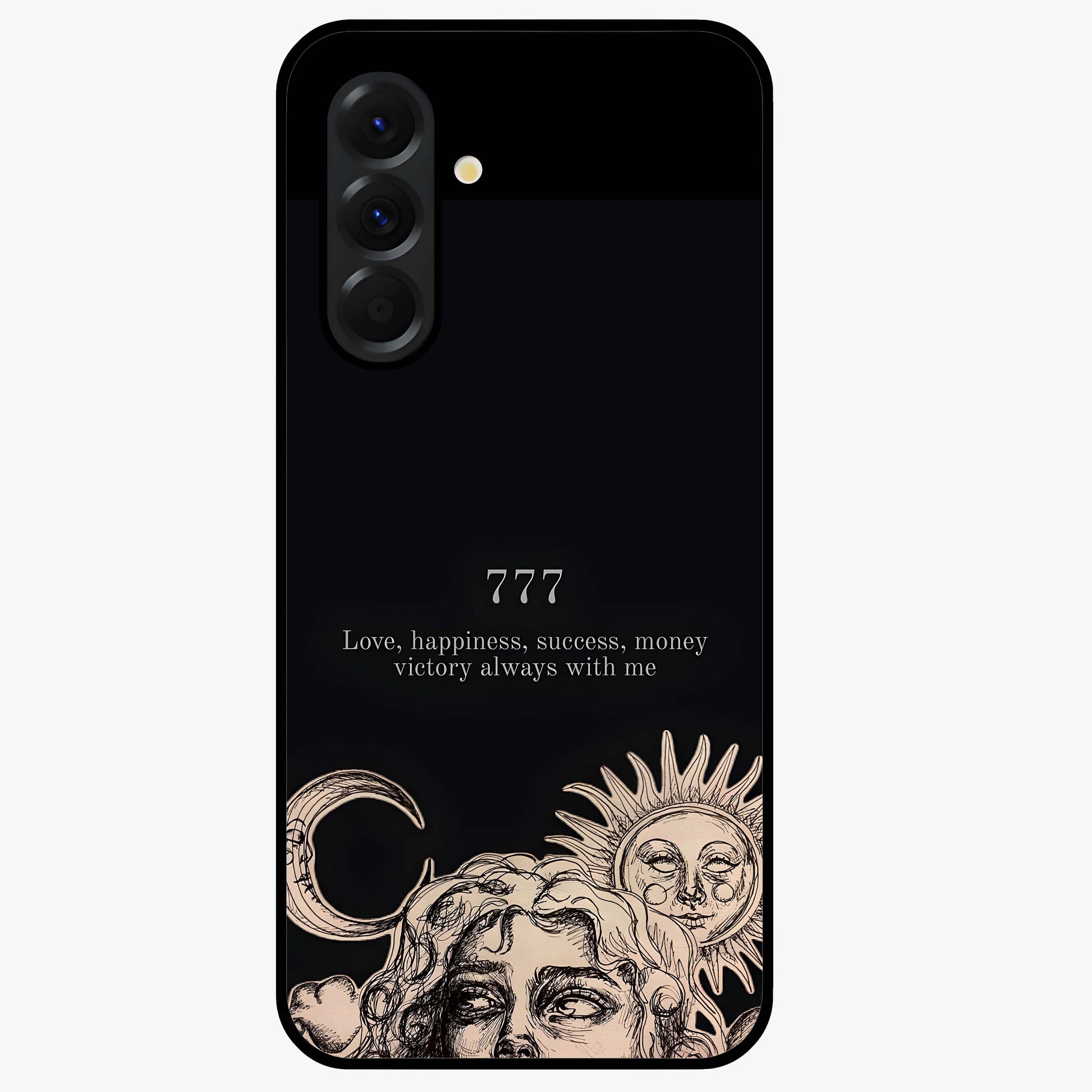 Mystic Victory Aura Glass Case showing flat back view with victory symbol artwork and glossy glass finish.