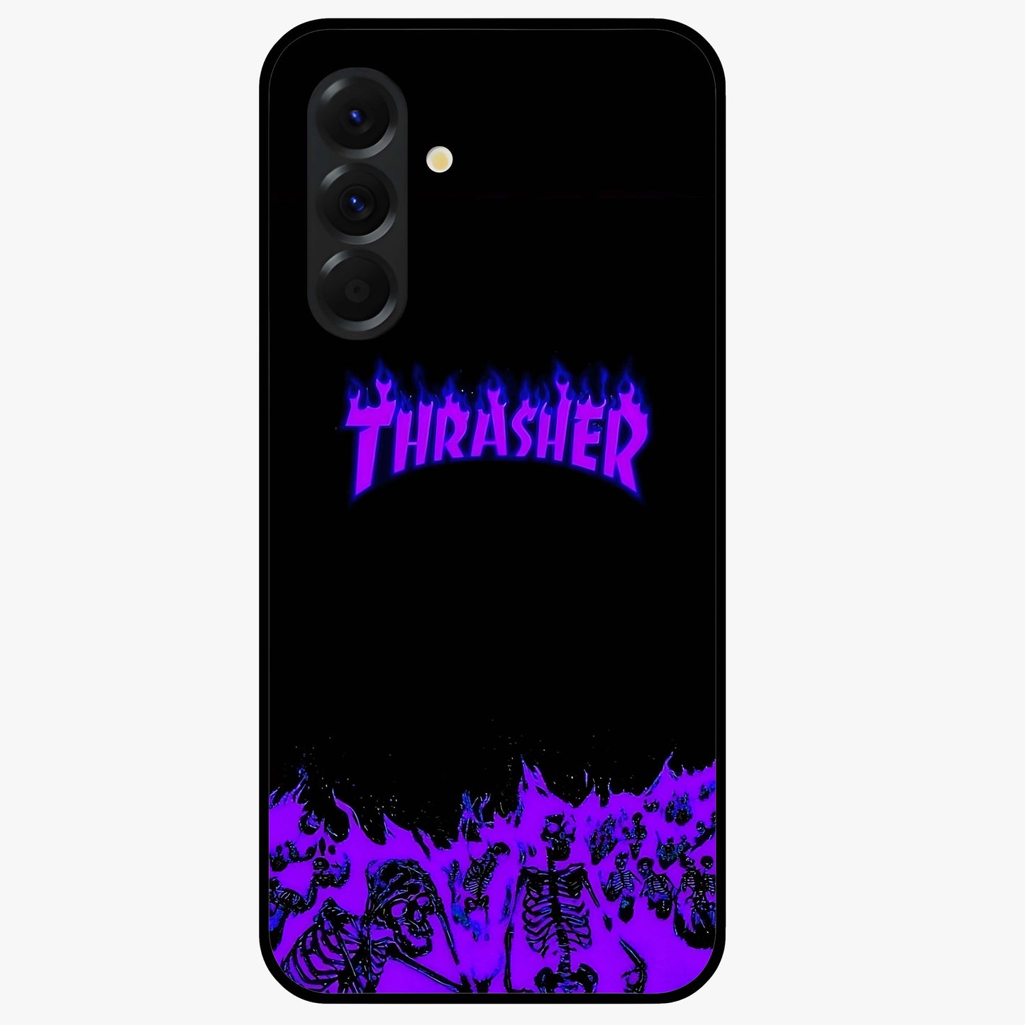 Neon Flame Riot Glass Case showing flat back view with neon flame artwork and glossy glass finish.