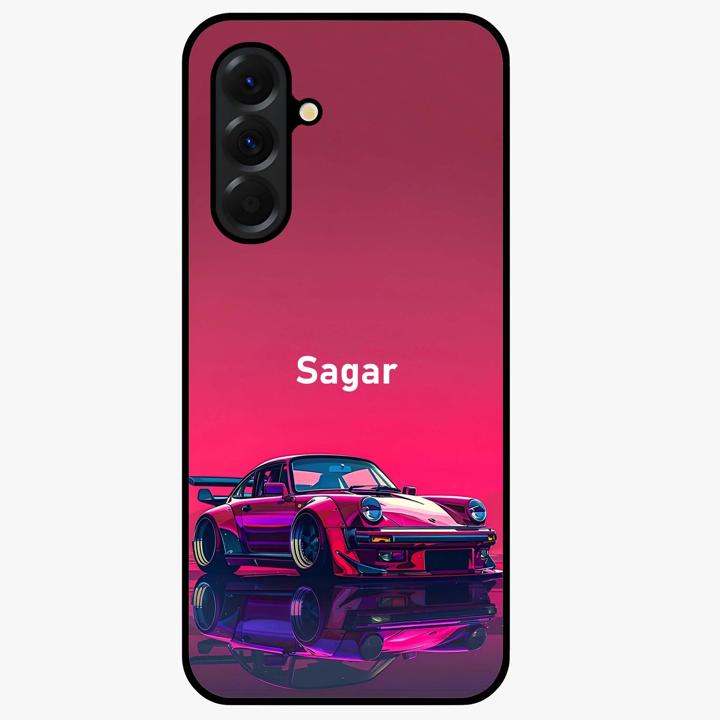 Neon Pink Porsche Glass Case showing flat back view with stylish sports car artwork and glossy glass finish.
