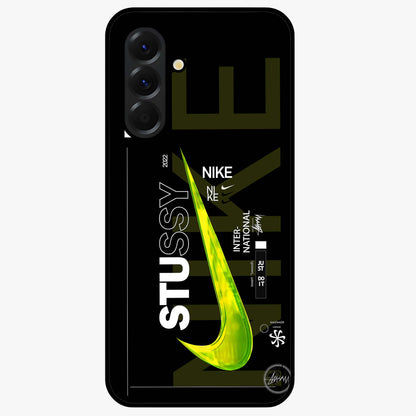 Neon Street Edition Glass Case showing flat back view with neon street style artwork and glossy glass finish.