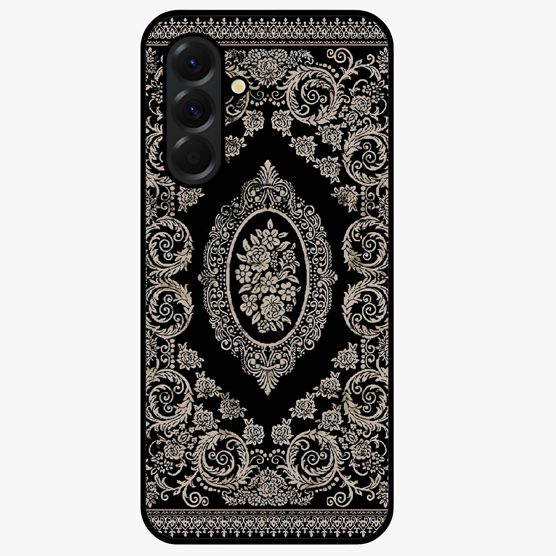 Noir Bloom Elegance Glass Case showing flat back view with elegant dark floral artwork and glossy glass finish.