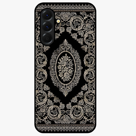 Noir Bloom Elegance Glass Case showing flat back view with elegant dark floral artwork and glossy glass finish.