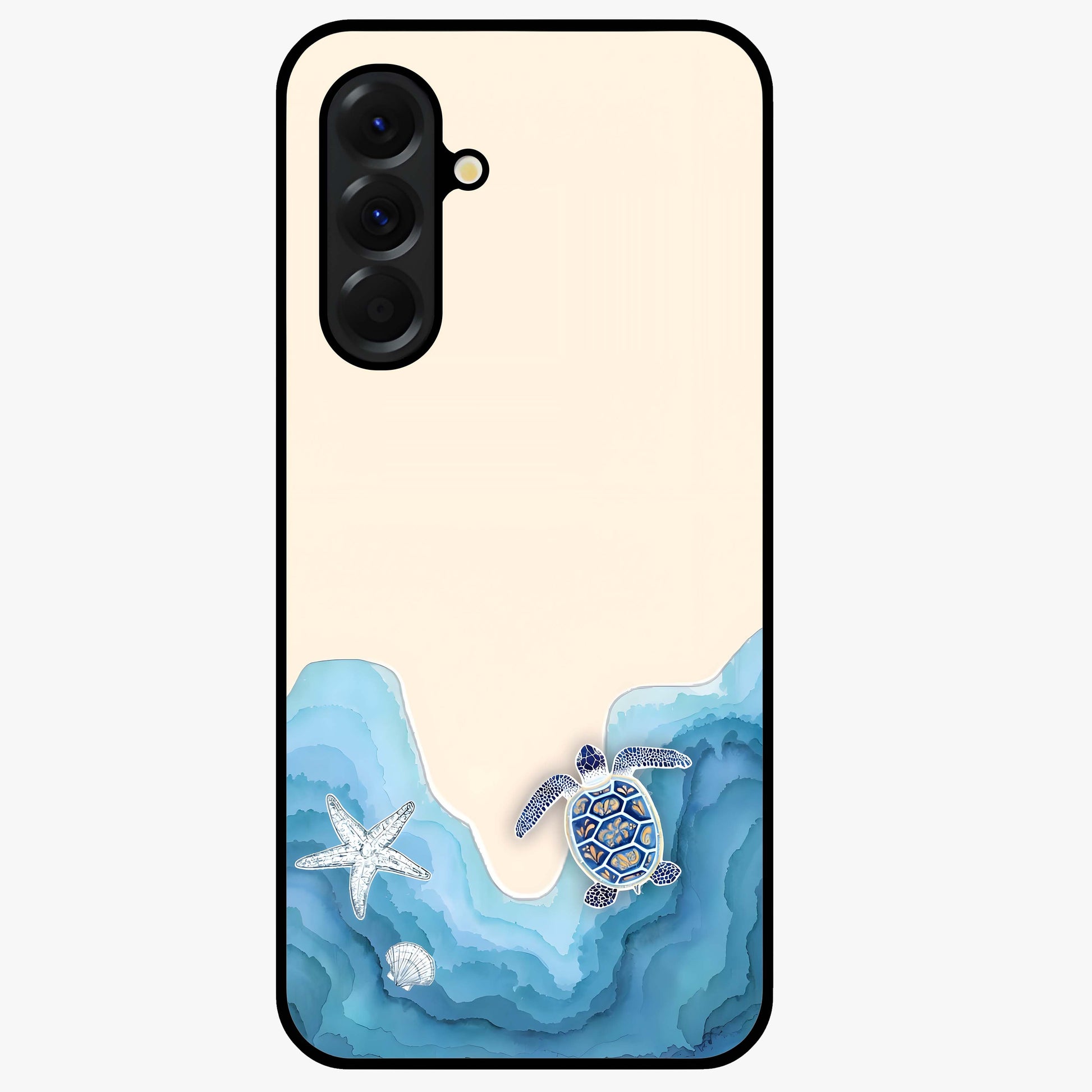 Ocean Drift Turtle Glass Case showing flat back view with sea turtle artwork and glossy glass finish.