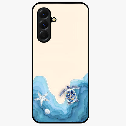 Ocean Drift Turtle Glass Case showing flat back view with sea turtle artwork and glossy glass finish.
