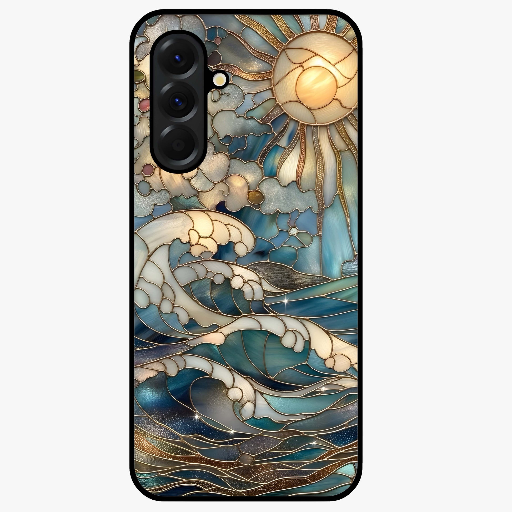 Oceanic Stained Printed Glass Case showing flat back view with ocean inspired stained pattern artwork and glossy glass finish.