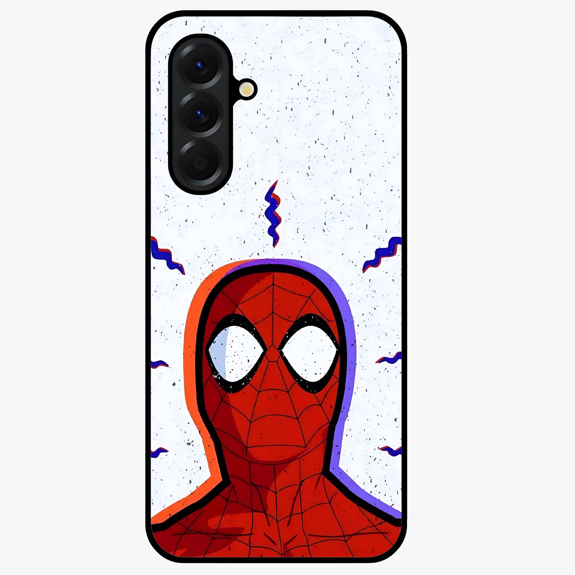 Omg Spiderman Glass Case showing flat back view with bold superhero inspired artwork and glossy glass finish.