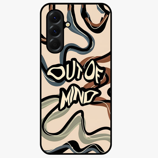 Out Of Mind Glass Case showing flat back view with expressive typography artwork and glossy glass finish.