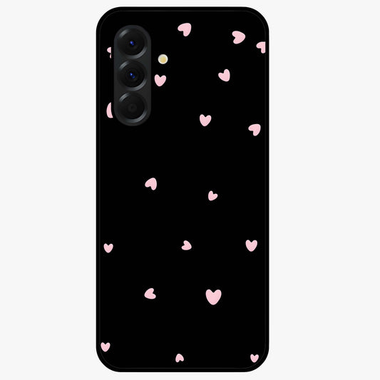 Pink Love Drops Glass Case showing flat back view with playful pink heart drops artwork and glossy glass finish.