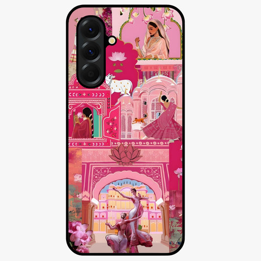 Pink Palace Muse Glass Case showing flat back view with elegant palace inspired artwork and glossy glass finish.