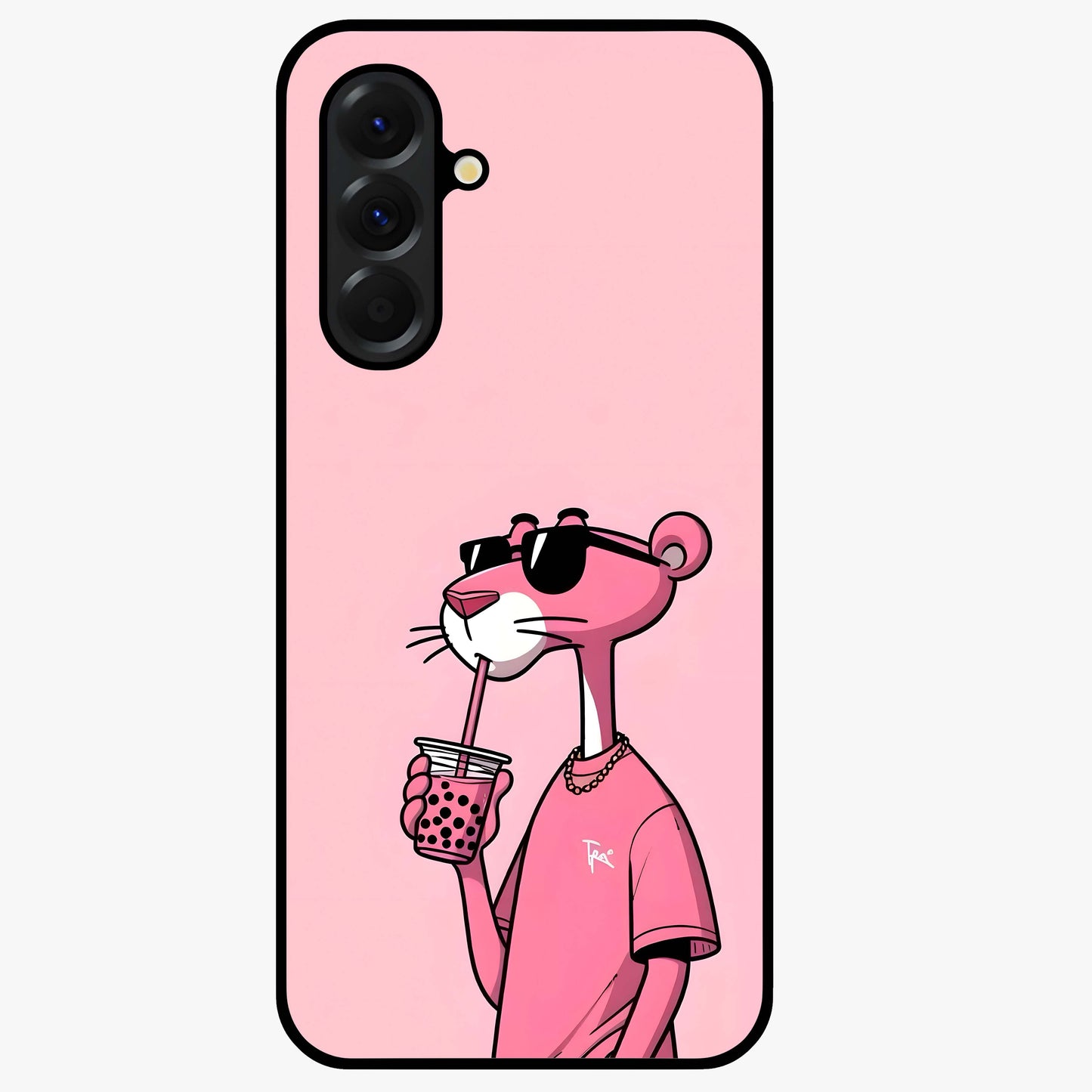 Pink Panther Glass Case showing flat back view with iconic pink panther artwork and glossy glass finish.