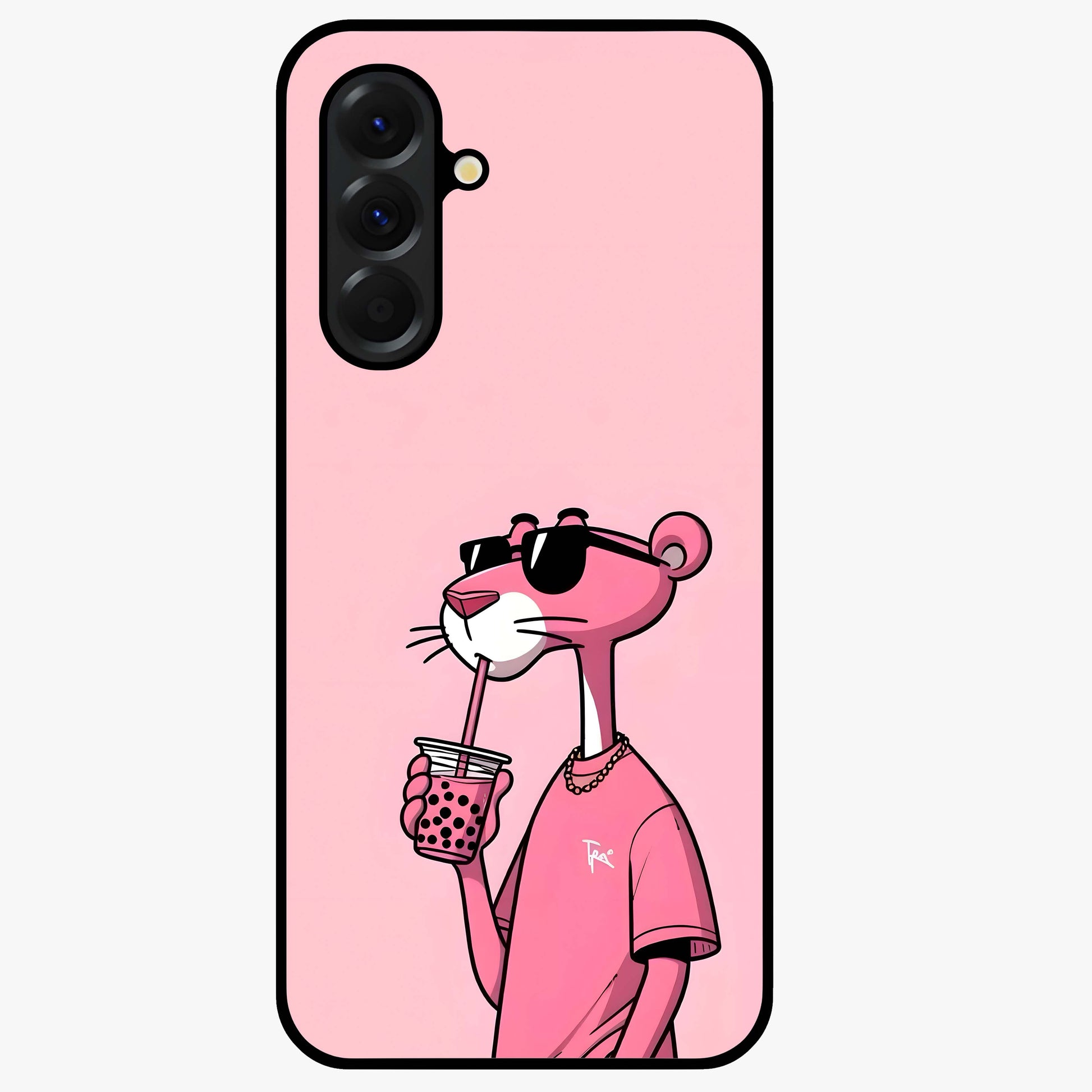 Pink Panther Glass Case showing flat back view with iconic pink panther artwork and glossy glass finish.
