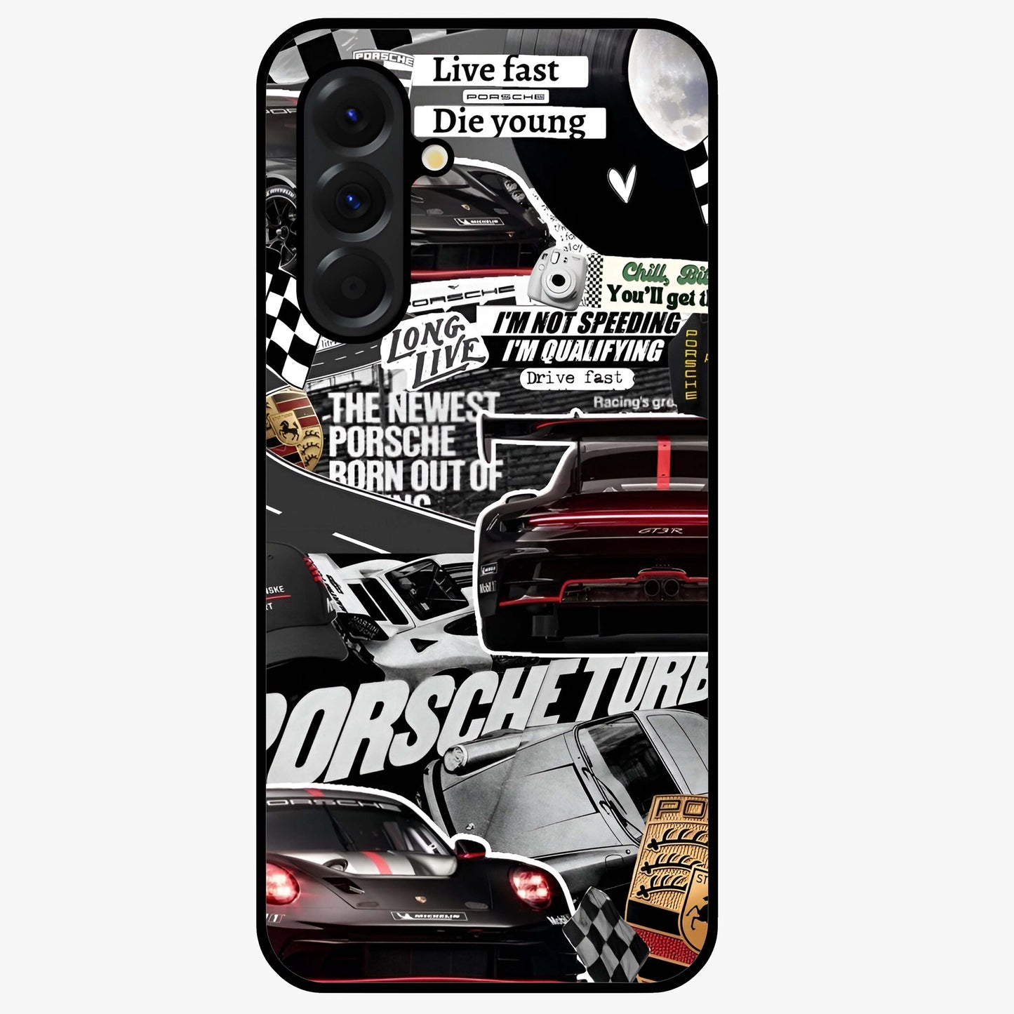 Porsche Racing Collage Glass Case showing flat back view with sports car racing collage artwork and glossy glass finish.
