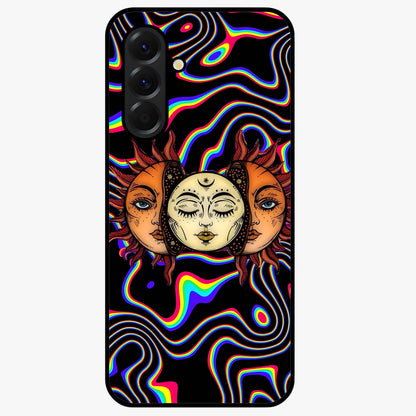 Psychedelic Sun Glass Case showing flat back view with colorful psychedelic sun artwork and glossy glass finish.