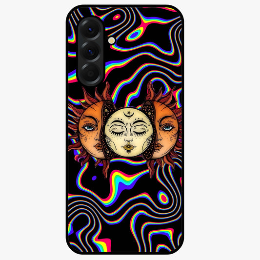Psychedelic Sun Glass Case showing flat back view with colorful psychedelic sun artwork and glossy glass finish.
