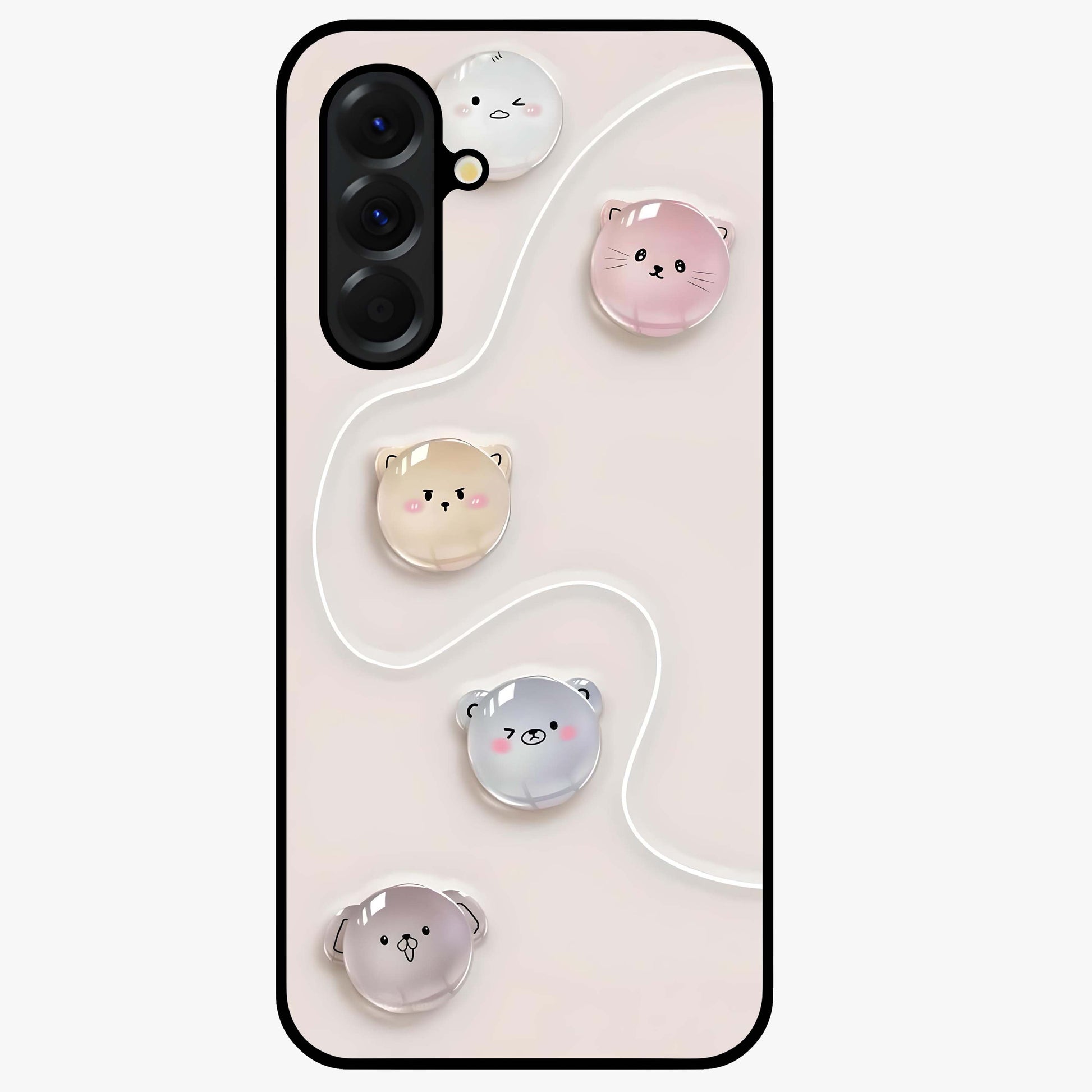 Puffy Face Parade Glass Case showing flat back view with cute puffy character faces artwork and glossy glass finish.