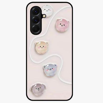 Puffy Face Parade Glass Case showing flat back view with cute puffy character faces artwork and glossy glass finish.