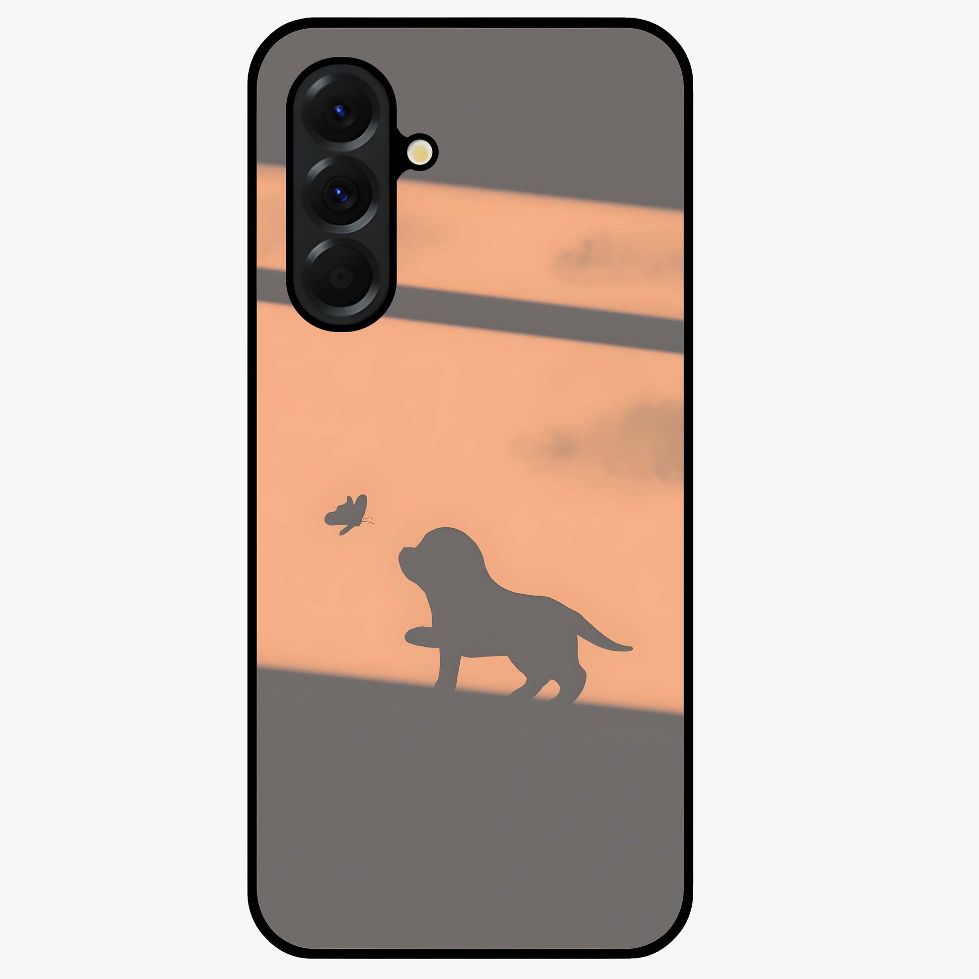 Puppy Shadow Art Glass Case showing flat back view with cute puppy shadow style artwork and glossy glass finish.