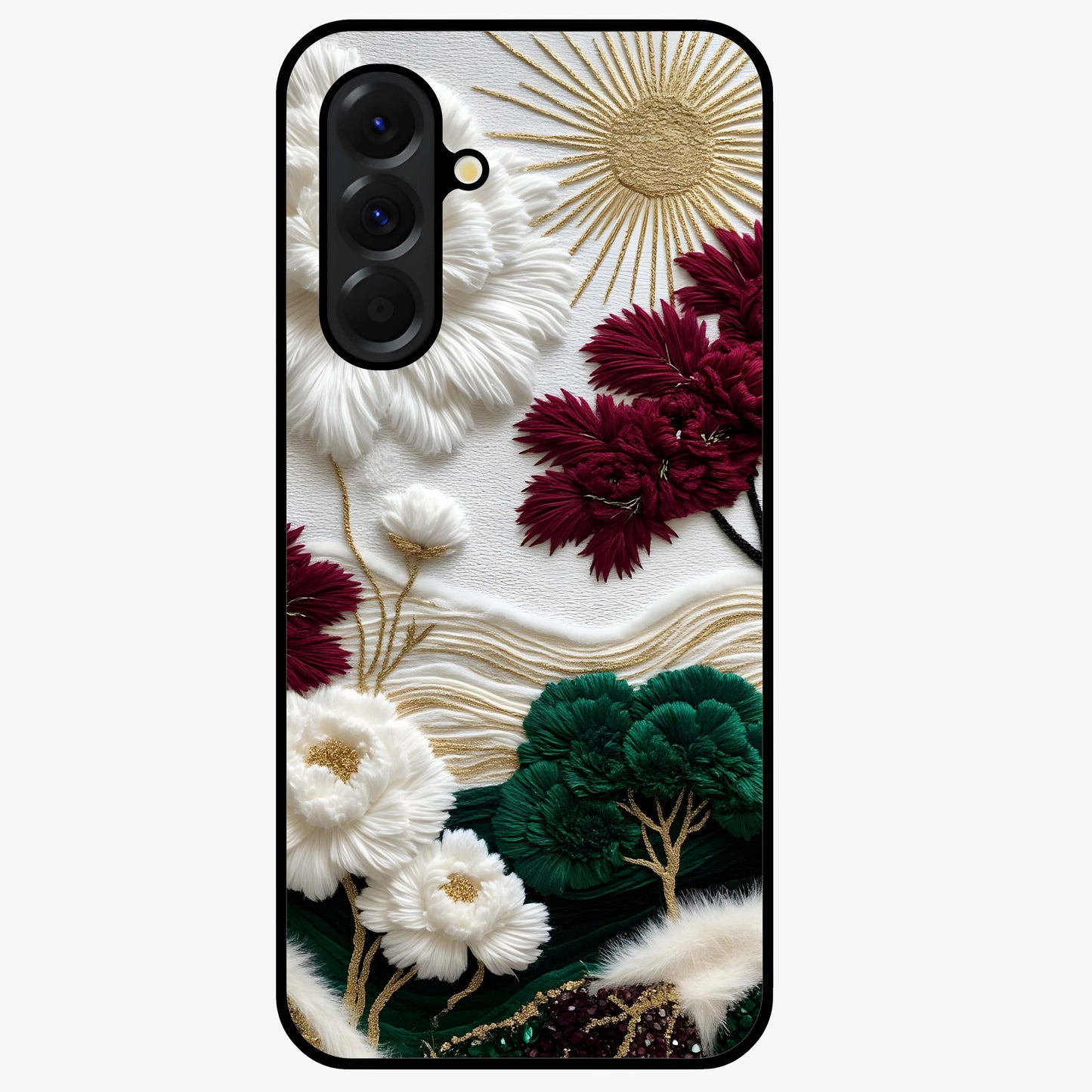 Radiant Bloom Elegance Glass Case showing flat back view with elegant blooming flower artwork and glossy glass finish.