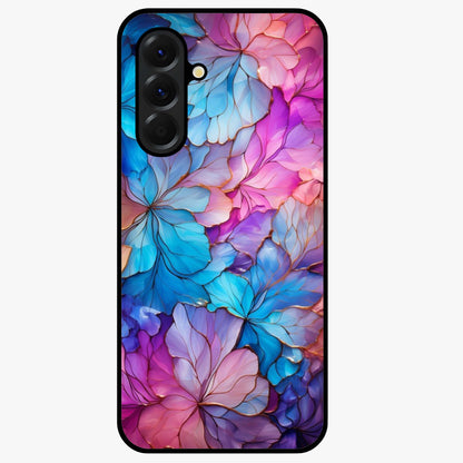 Radiant Floral Whirl Glass Case showing flat back view with swirling floral artwork and glossy glass finish.