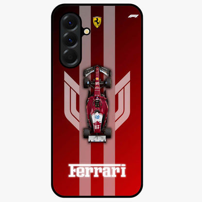 Red Ferrari F1 Vertical Glass Case showing flat back view with sleek Formula racing car artwork and glossy glass finish.